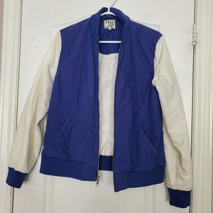 ARITZIA | TNA Blue and White Varsity Bomber Jacket